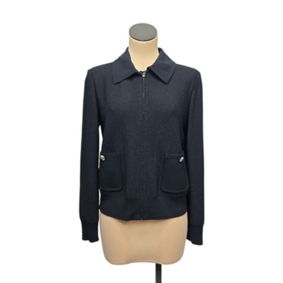 St John Caviar Sweater Womens Small Black Wool Rayon Zip Up Pocket Jacket - Picture 1 of 12